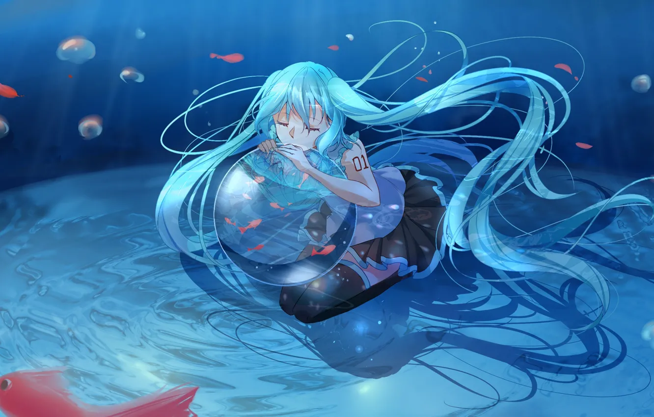 Фото обои вода, девушка, рыбы, шар, Hatsune Miku, Vocaloid, Вокалоид, под водой