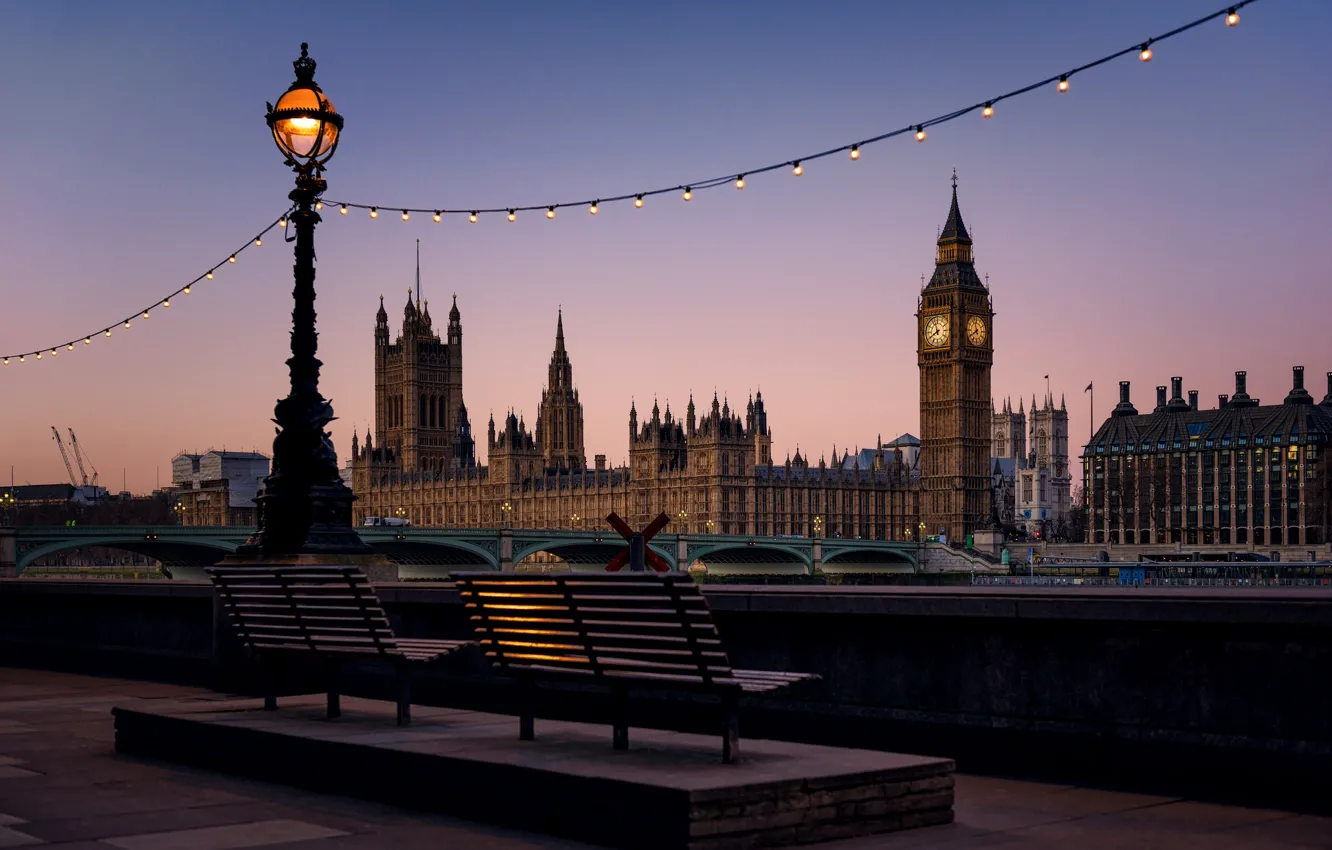 Фото обои мост, Англия, Лондон, башня, фонарь, набережная, скамья, парламент