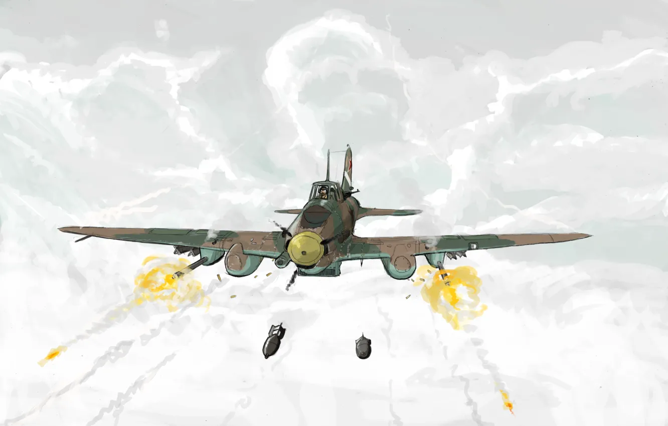 Фото обои облака, рисунок, арт, стрельба, штурмовик, бомбы, ВВС СССР, Ильюшин