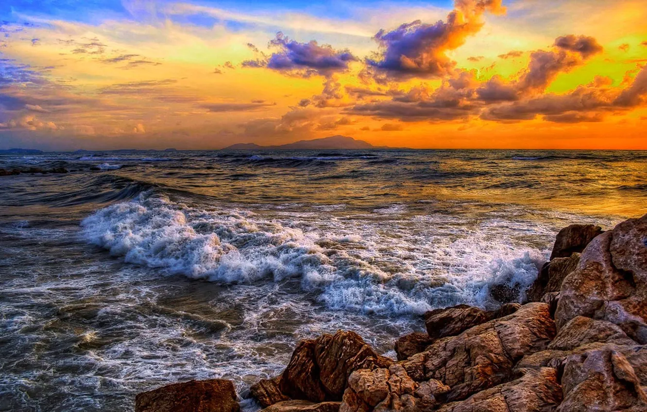 Фото обои море, волны, небо, облака, природа