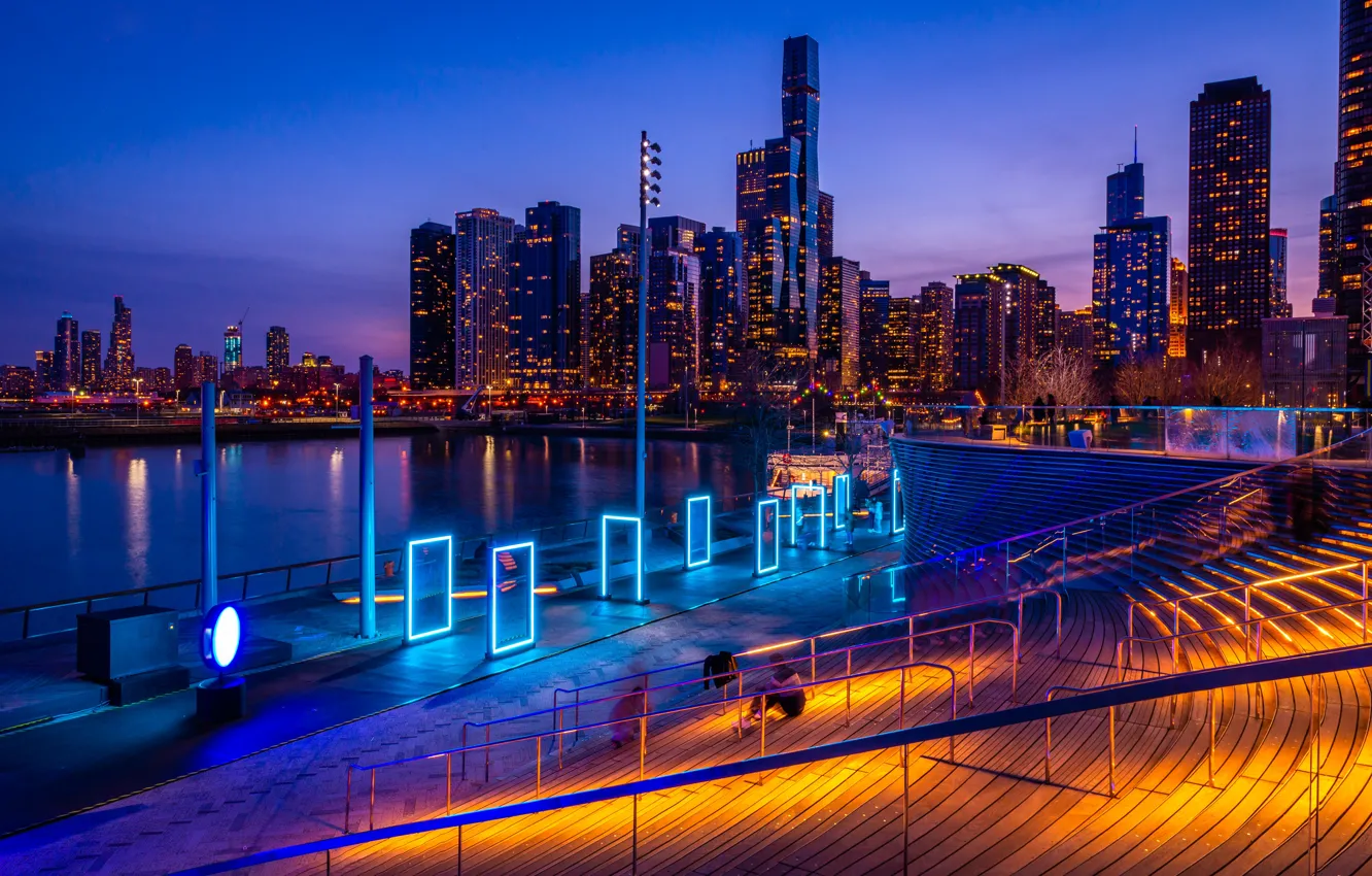 Фото обои река, здания, дома, Чикаго, Иллинойс, ночной город, Chicago, Illinois