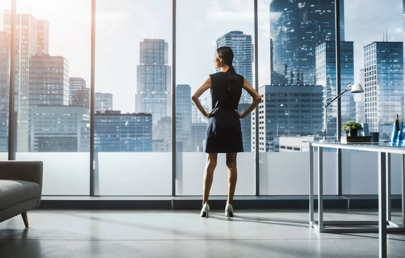 Фото обои girl, woman, window, asian, office, success, business woman