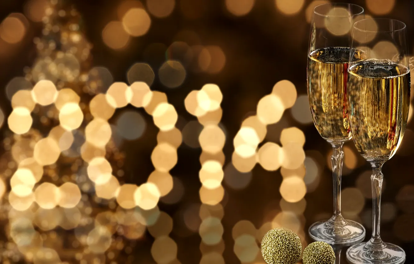 Фото обои золото, Новый Год, бокалы, Рождество, цифры, шампанское, Christmas, праздники