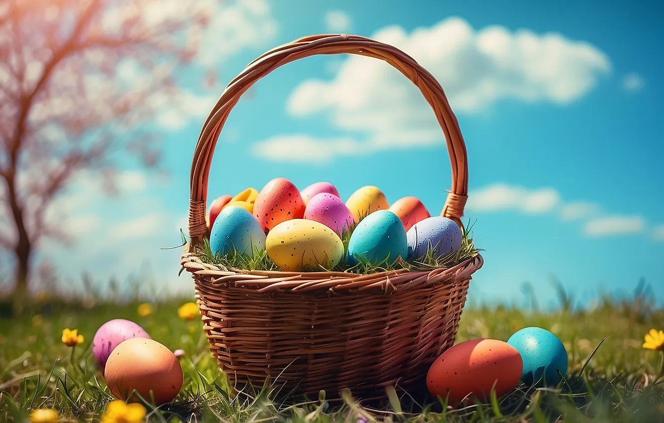 Фото обои цветы, корзина, поляна, яйца, весна, colorful, Пасха, happy
