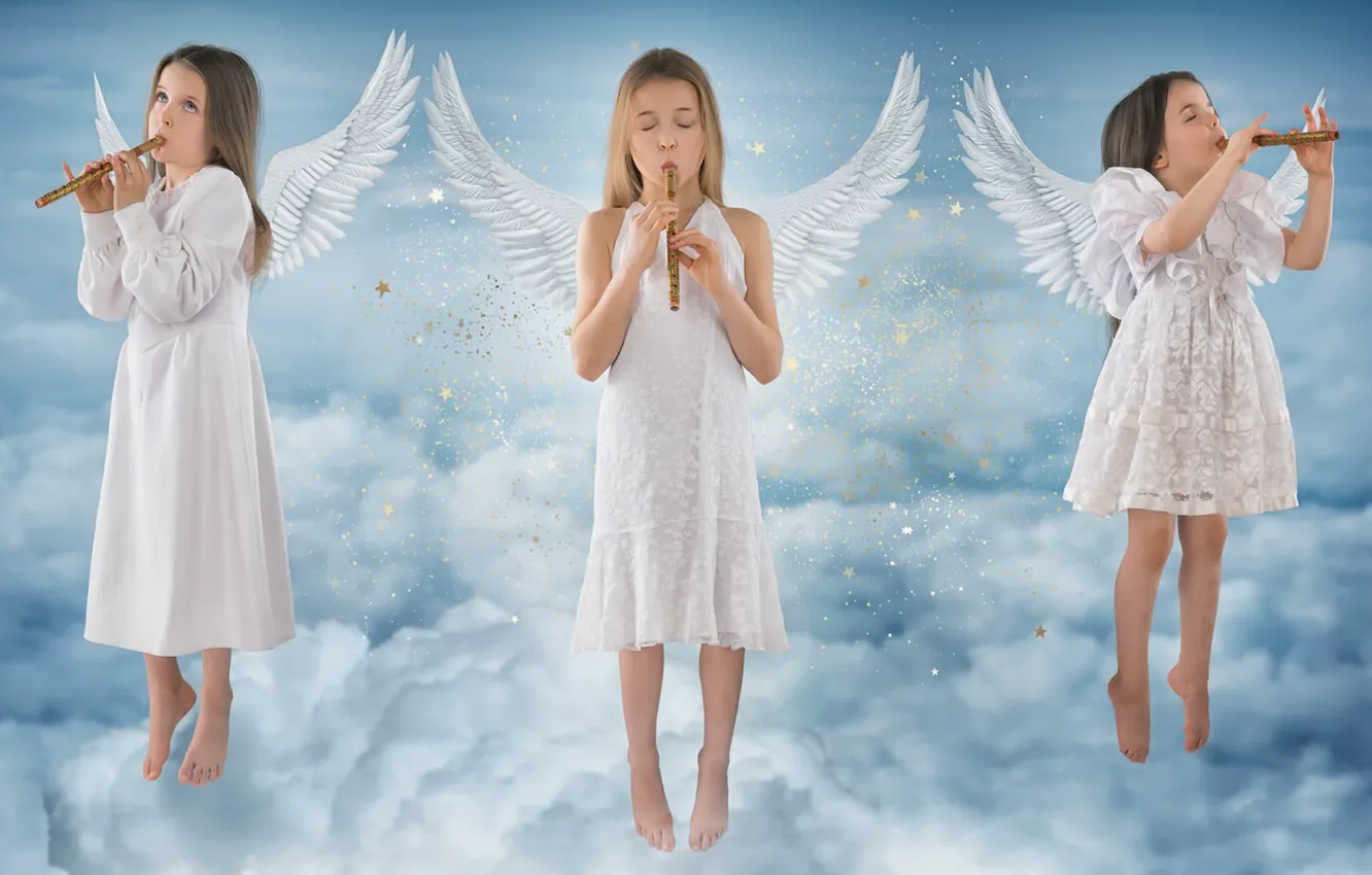 Фото обои небо, музыка, девочки, ангелы
