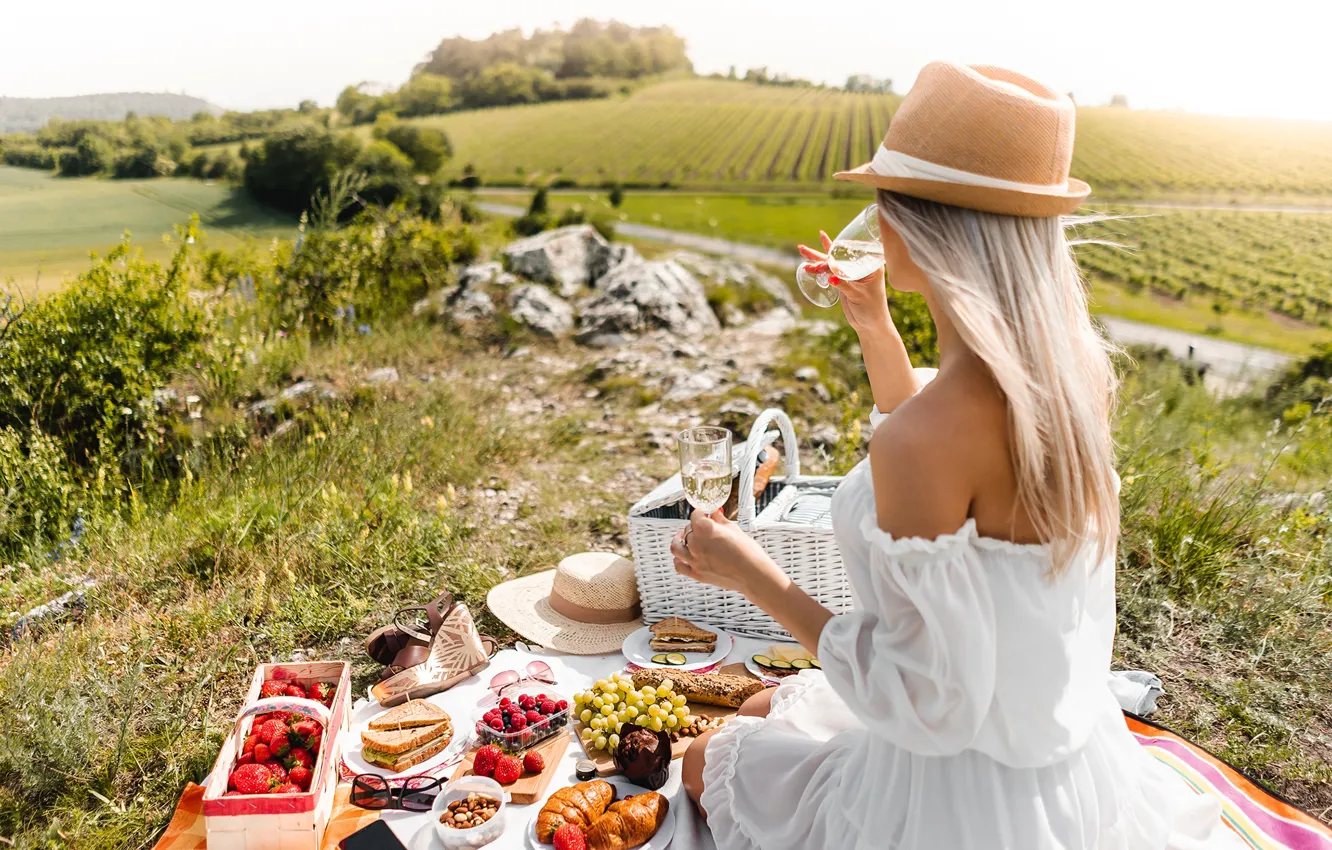 Фото обои поле, лето, девушка, природа, ягоды, вино, корзина, спина