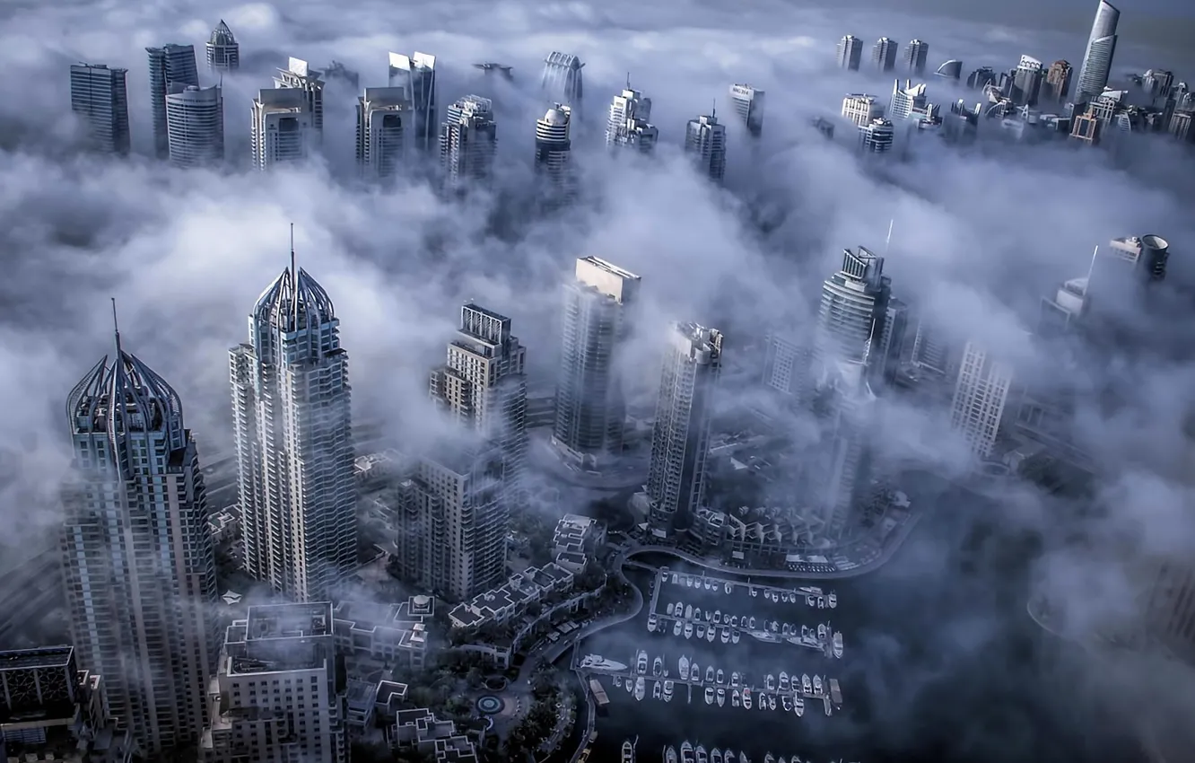 Фото обои туман, Дубай, Dubai, небоскрёбы, ОАЭ
