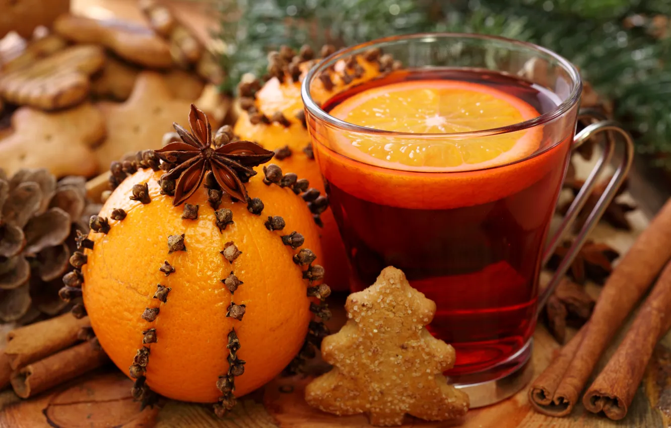 Фото обои апельсин, Новый Год, печенье, Рождество, напиток, корица, гвоздика, праздники