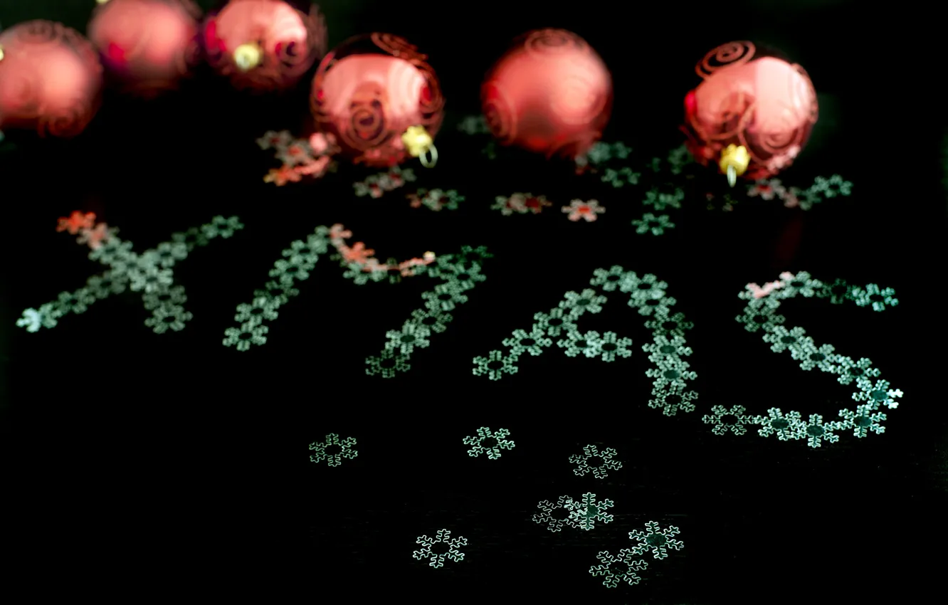 Фото обои снежинки, праздник, чёрный, надпись, шары, новый год, рождество, XMAS