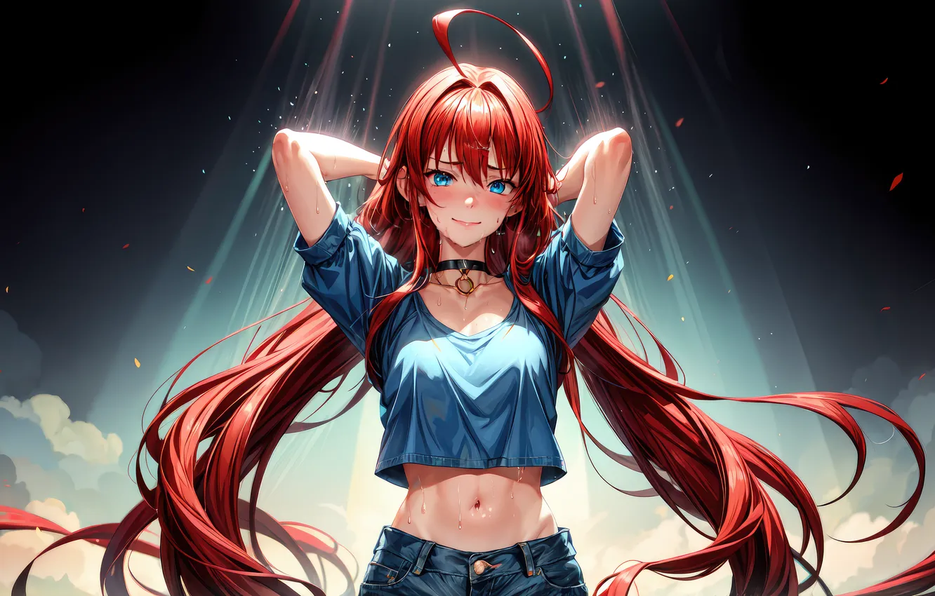 Фото обои long hair, redhead, belly, smiling, belly button, looking at viewer, arms up, choker