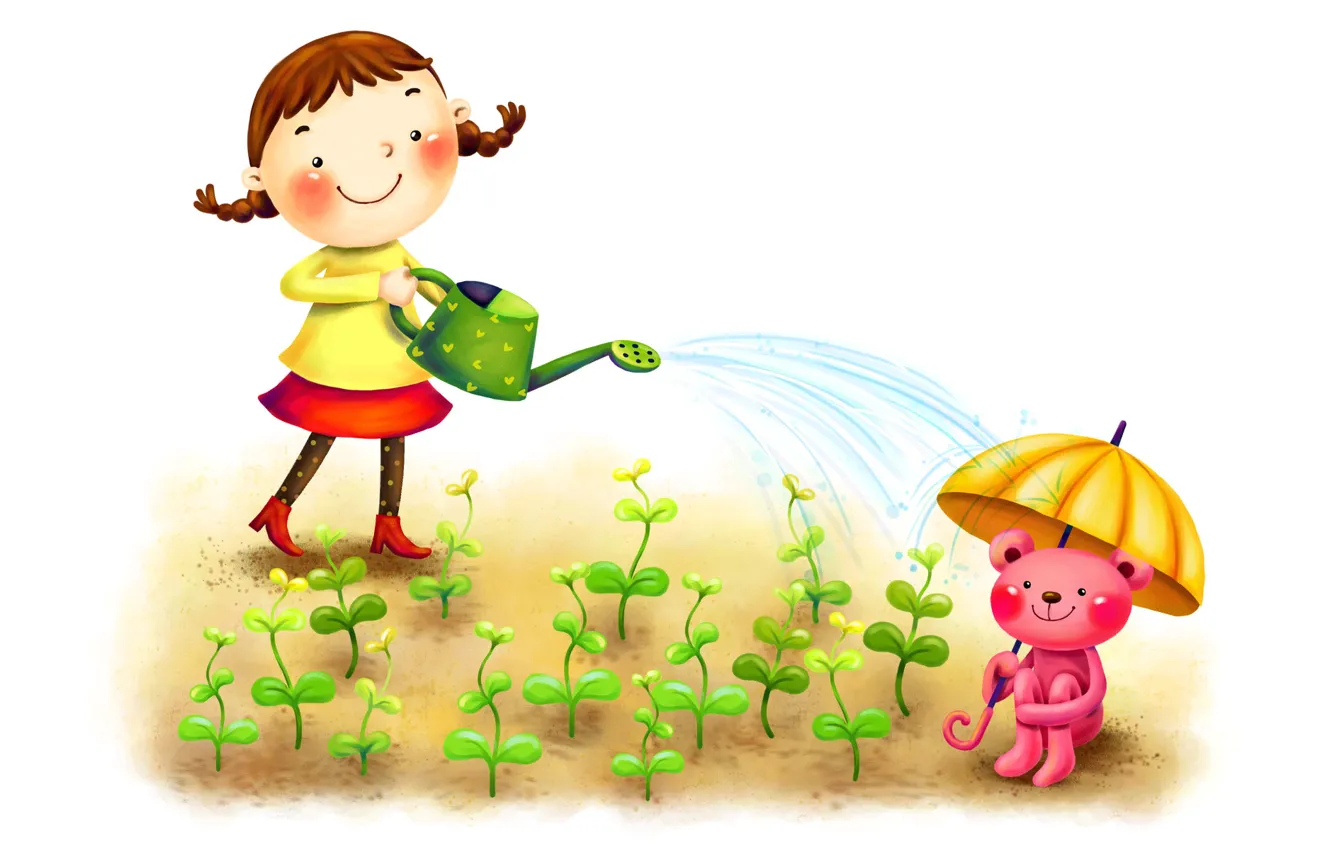 Фото обои ростки, улыбка, зонтик, рисунок, девочка, косички, лейка, зверёк