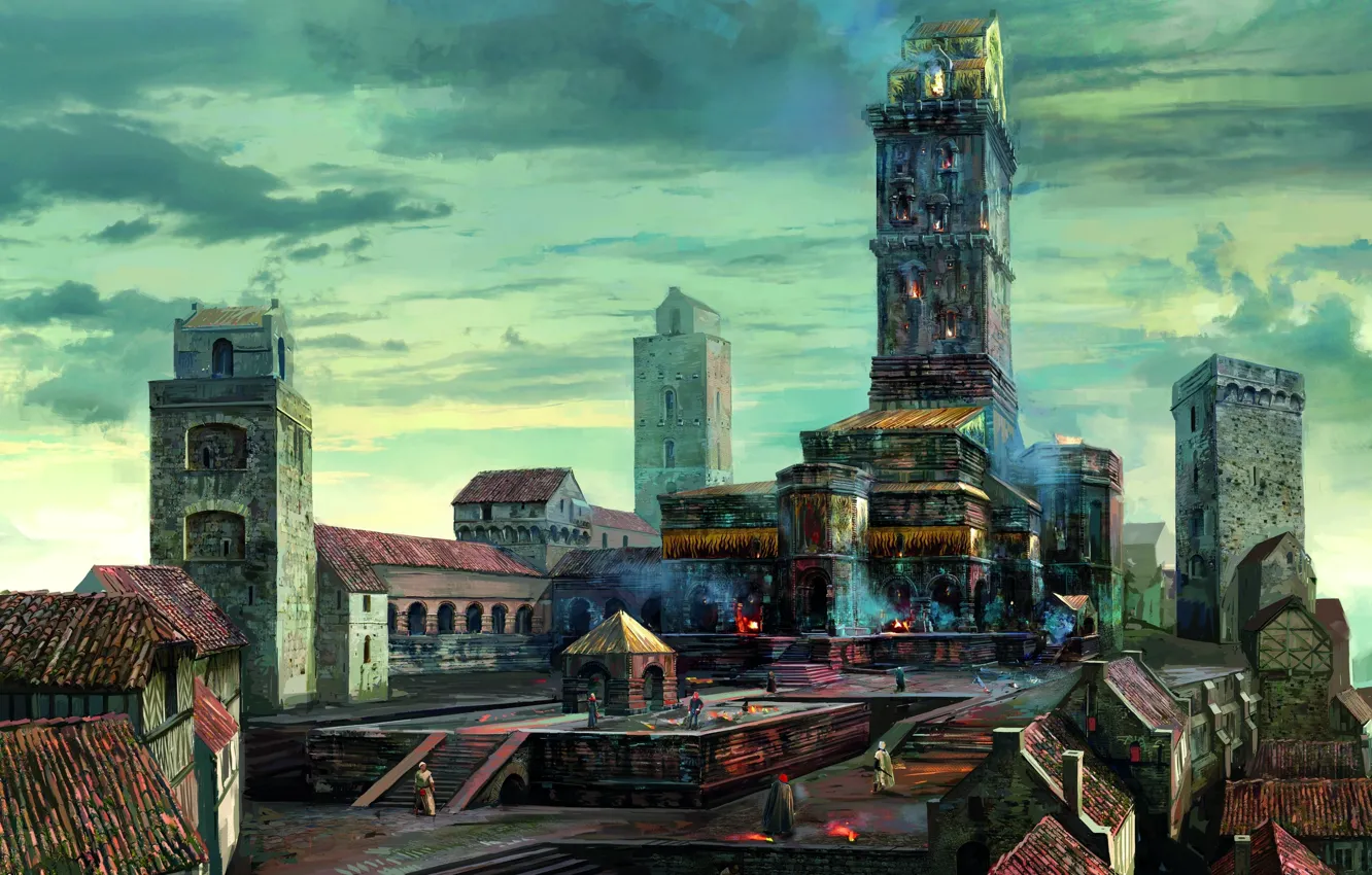 Фото обои город, башня, арт, Ведьмак, artwork, The Witcher 3 Wild Hunt, Ведьмак 3 Дикая охота