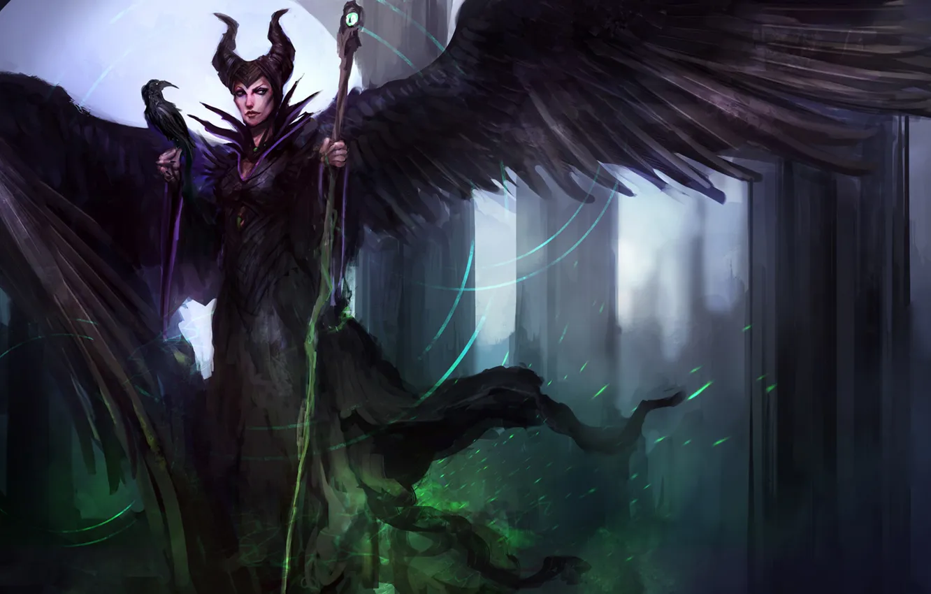 Фото обои посох, raven, wings, disney, Maleficent