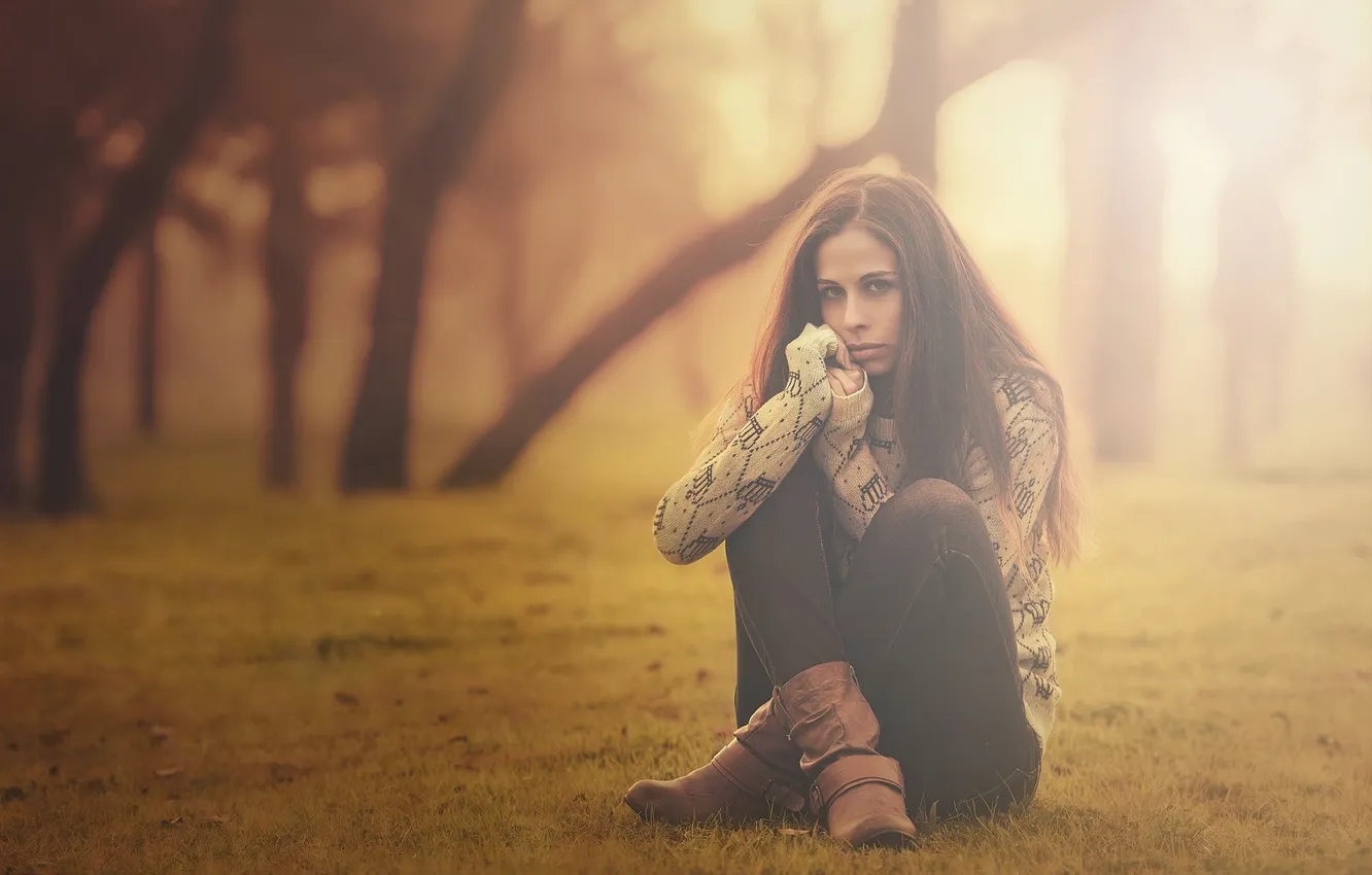 Фото обои холод, осень, девушка, деревья, туман, парк, Одиночество