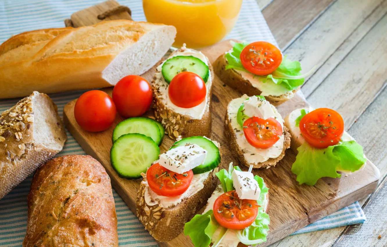 Фото обои еда, хлеб, огурцы, бутерброды, помидоры-черри