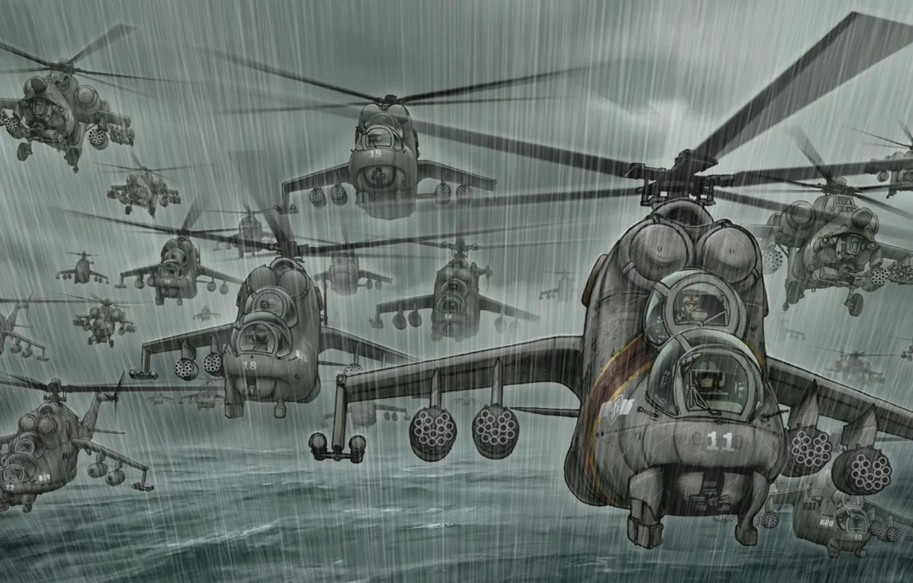 Фото обои Море, Дождь, Вертолет, Арт, Много, ВВС, Ми-24, Вертолеты