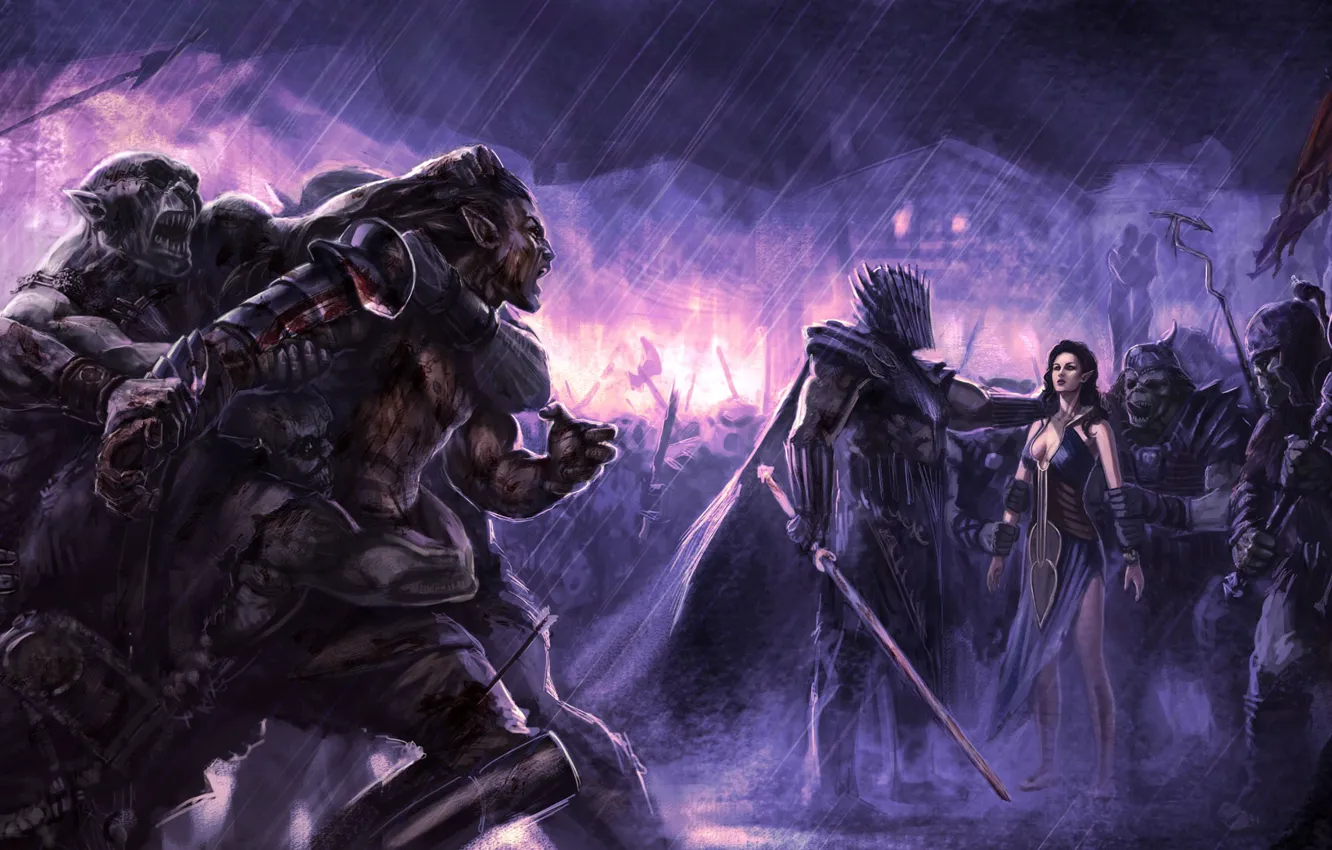 Фото обои эльфийка, рыцарь, орки, войско