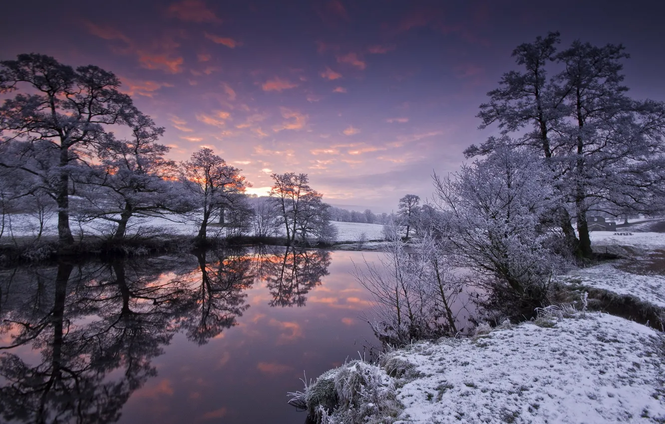 Фото обои зима, пейзаж, закат, река