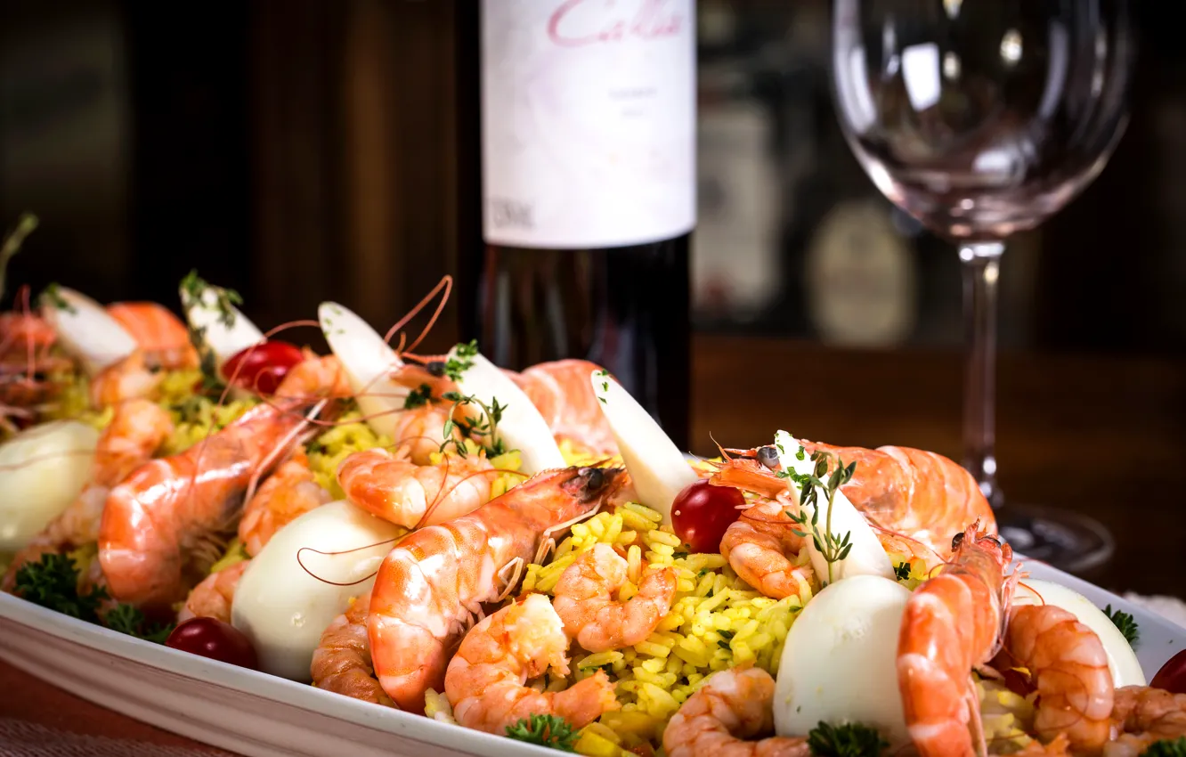 Фото обои вино, рис, wine, креветки, морепродукты, shrimp, seafood