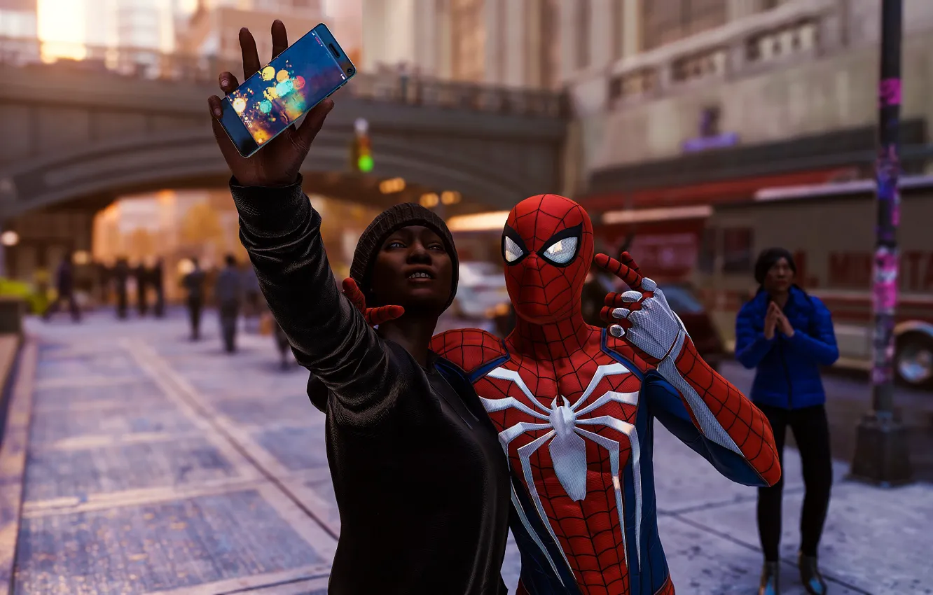 Фото обои смартфон, Spider-Man, селфи, PS4, Человек - паук, Spider-Man (PS4)