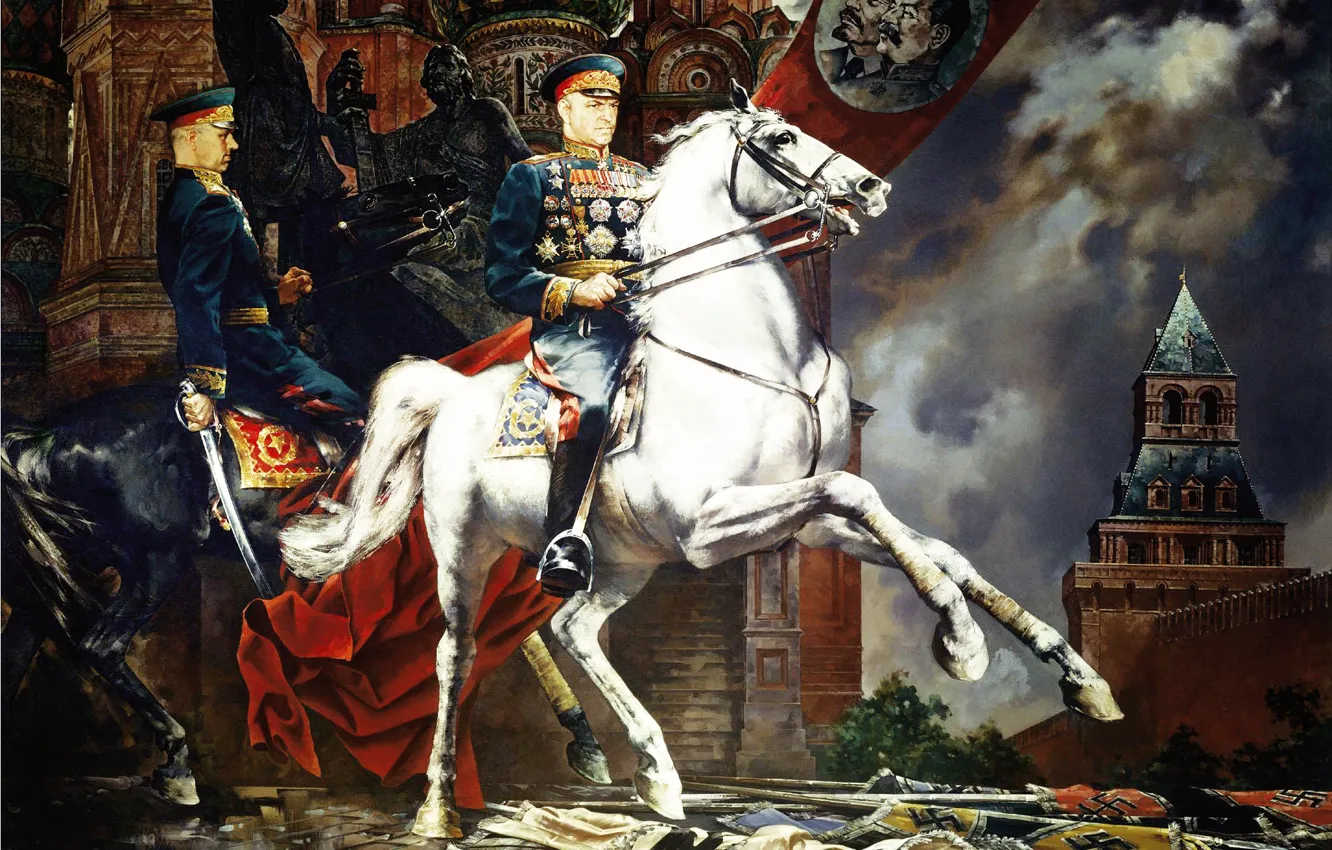 Фото обои картина, лошади, день победы, кремль, храм василия блаженного, рокоссовский, жуков, 9 мая