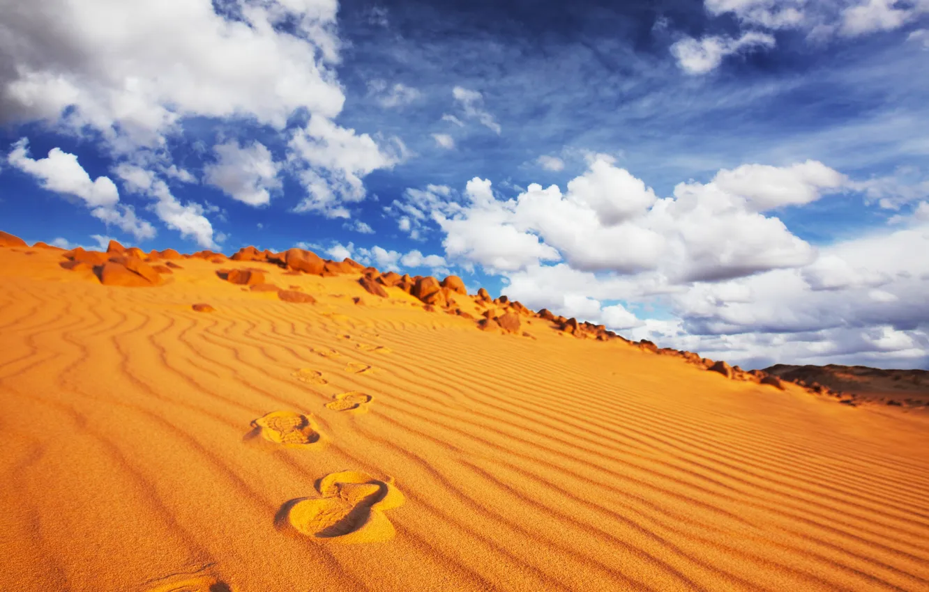 Фото обои песок, небо, облака, следы, пустыня, Африка, синее, отпечаток