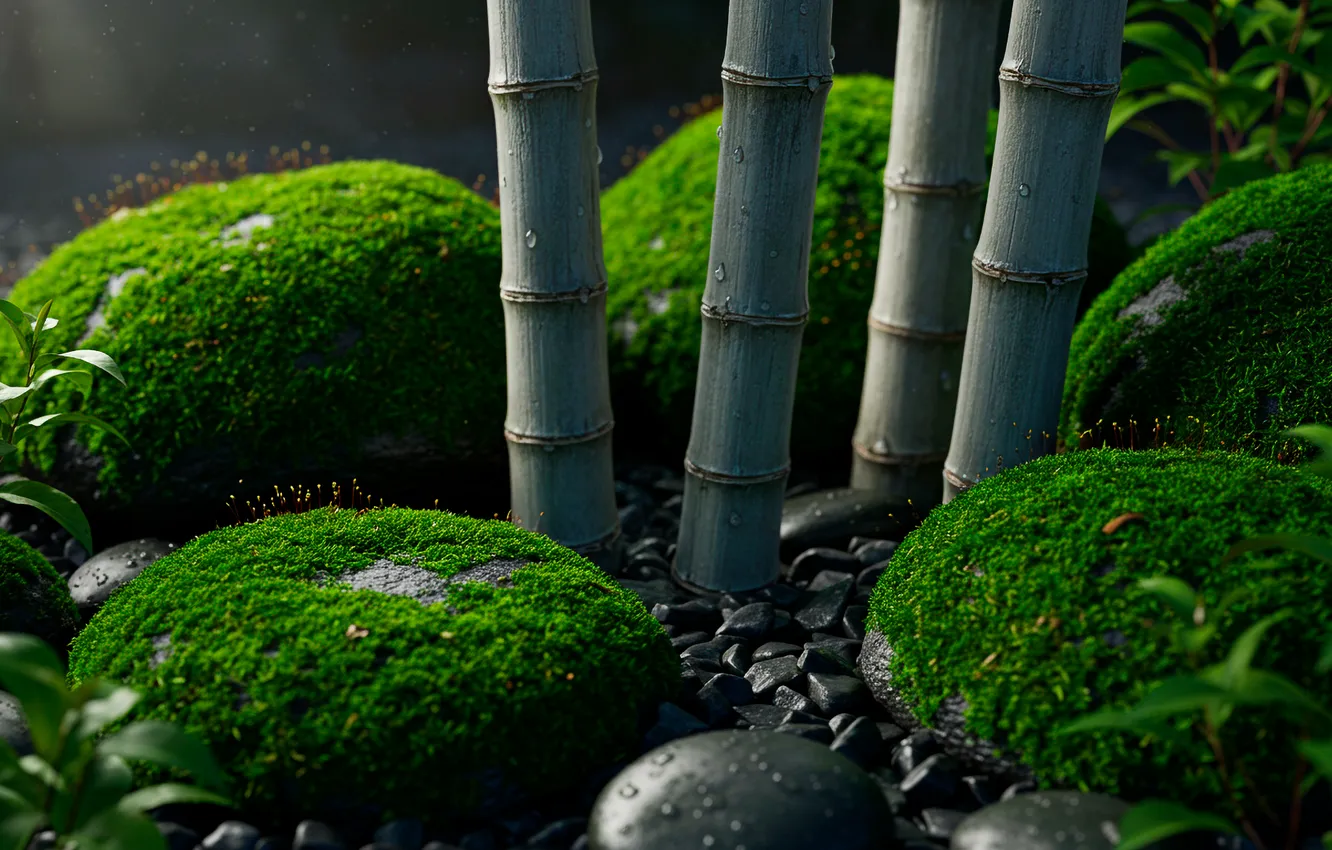 Фото обои камни, обои, мох, бамбук, арт, wallpaper, art, stones