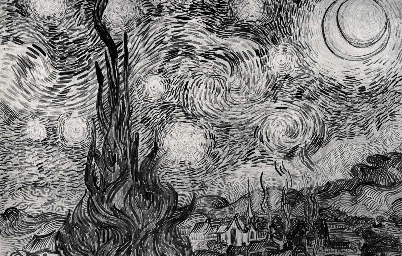 Фото обои куст, Vincent van Gogh, ночь в деревне, Starry Night 2