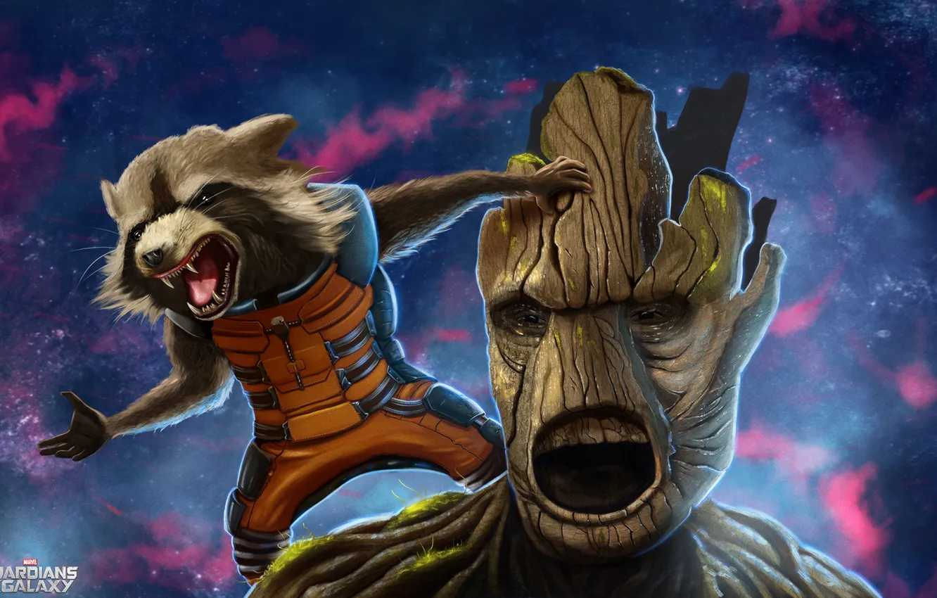 Фото обои rocket, raccoon, Guardians of the Galaxy, groot