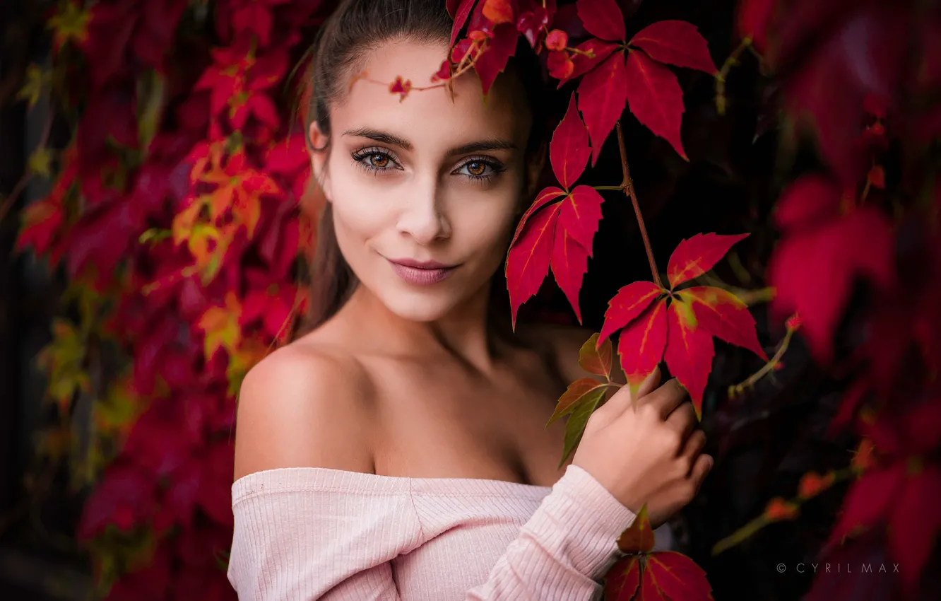 Фото обои girl, long hair, brown eyes, photo, photographer, autumn, leaves, ponytail