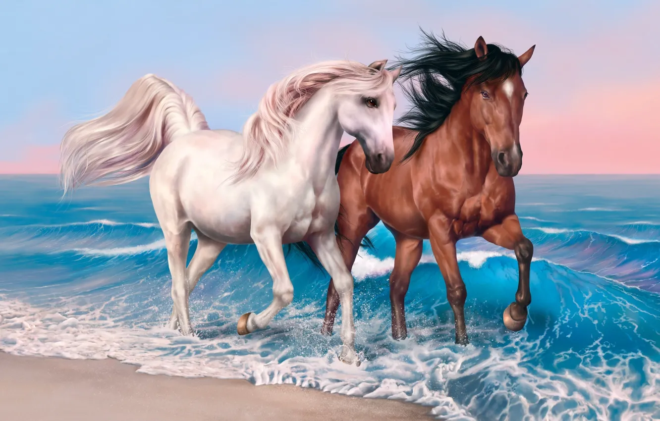 Фото обои beach, sky, sea, clouds, sand, valentines, painting, hair