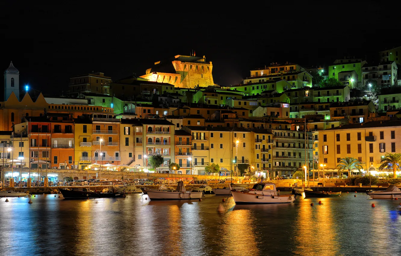 Фото обои ночь, огни, лодки, освещение, Италия, гавань, Порто Санто Стефано