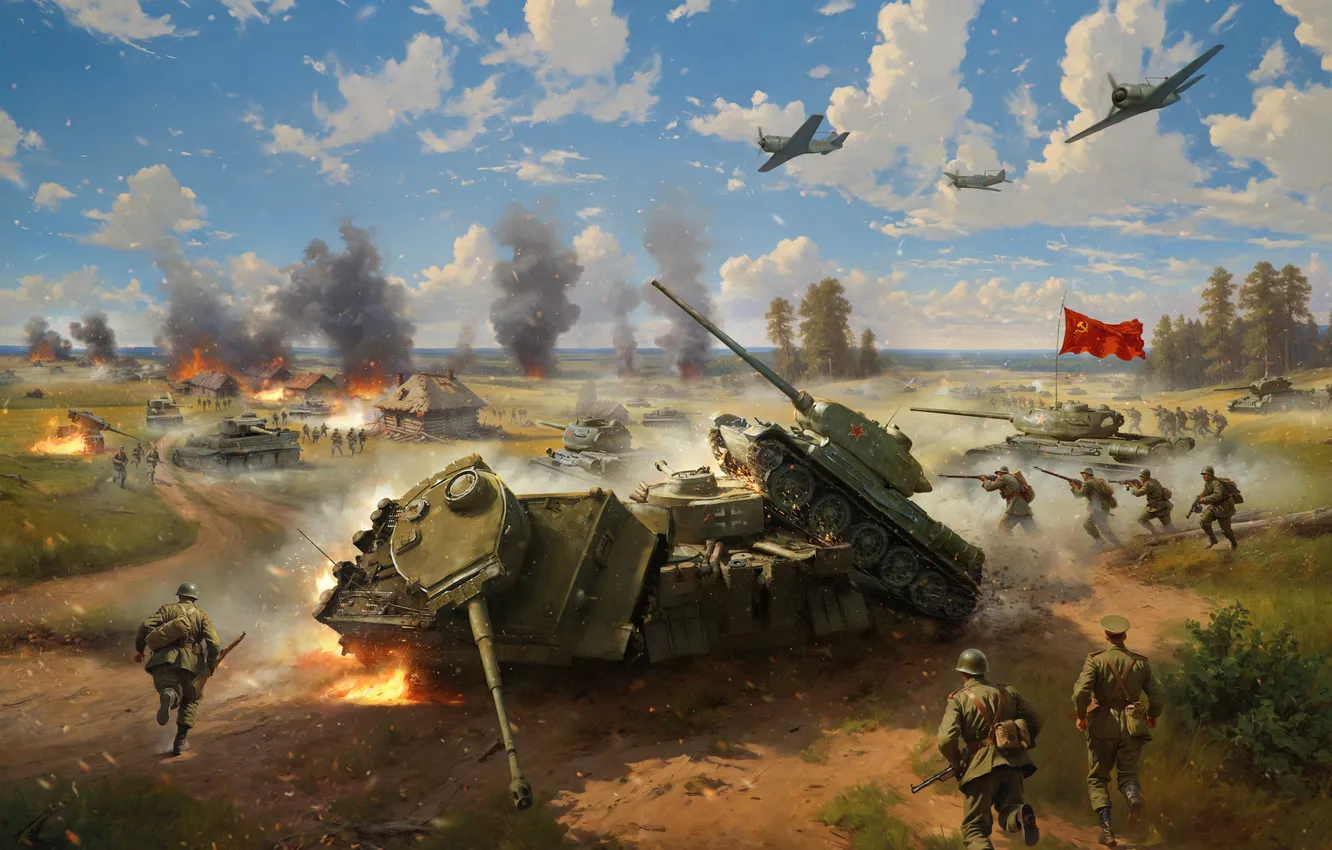 Фото обои Дома, Самолеты, Бой, Солдаты, СССР, Арт, Русские, ВОВ