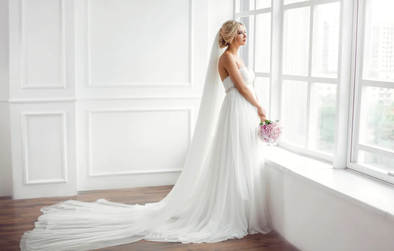Фото обои белое, букет, платье, прическа, невеста, фата, свадьба, Buyanskyy Dmytro