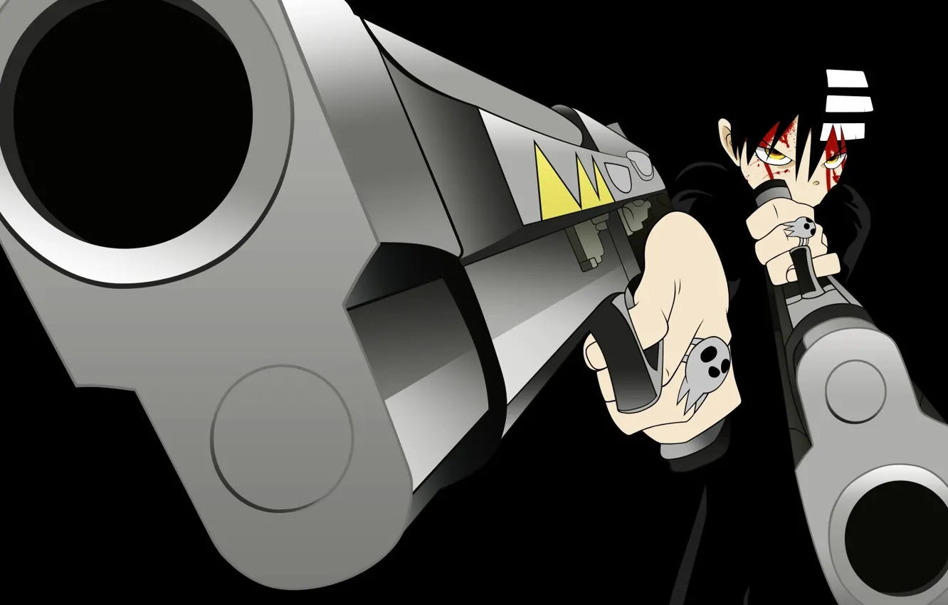 Фото обои skull, gun, blood, pistol, weapon, anime, power, boy