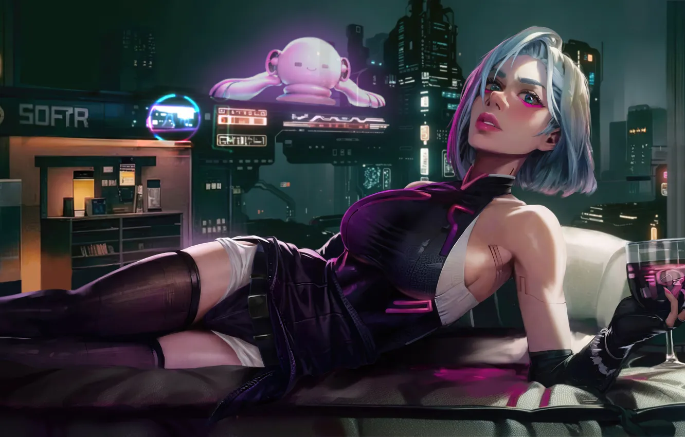 Фото обои девушка, бокал, Girl, Lucy, Люси, Киберпанк, Cyberpunk, Cyberpunk Edgerunners