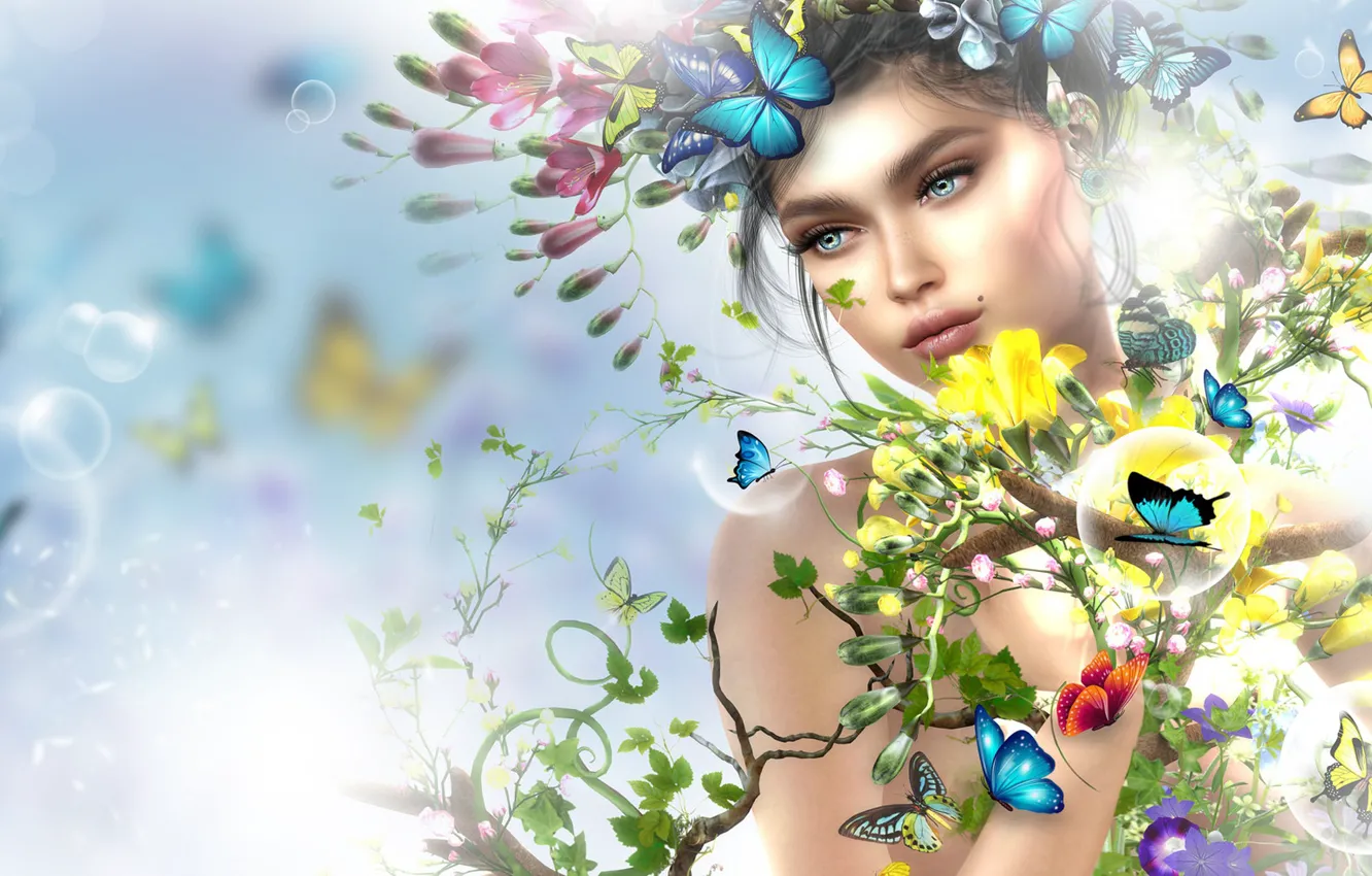 Фото обои девушка, бабочки, цветы, весна, арт