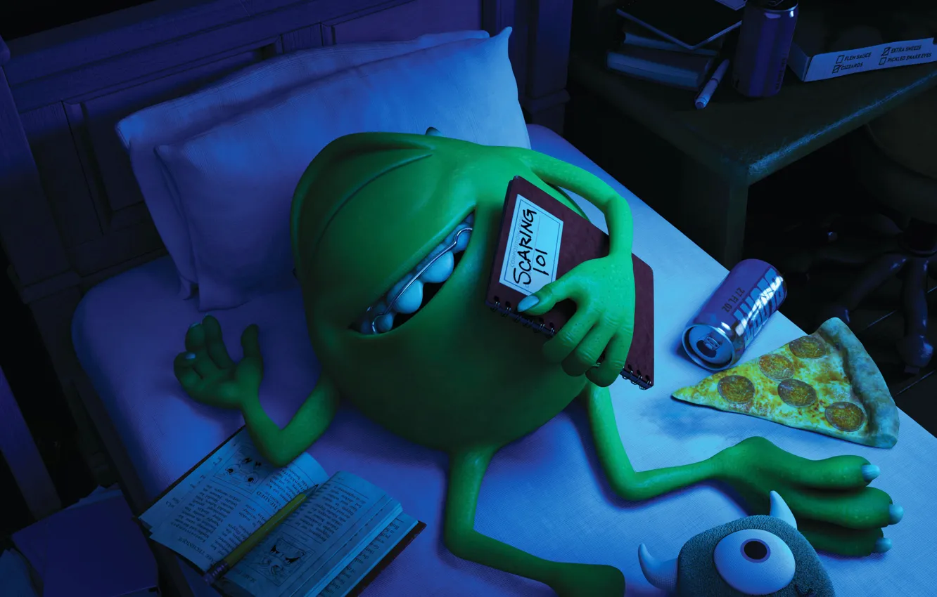 Фото обои синий, зеленый, улыбка, кровать, одноглазый, Monsters University, Корпорация монстров, Университет монстров