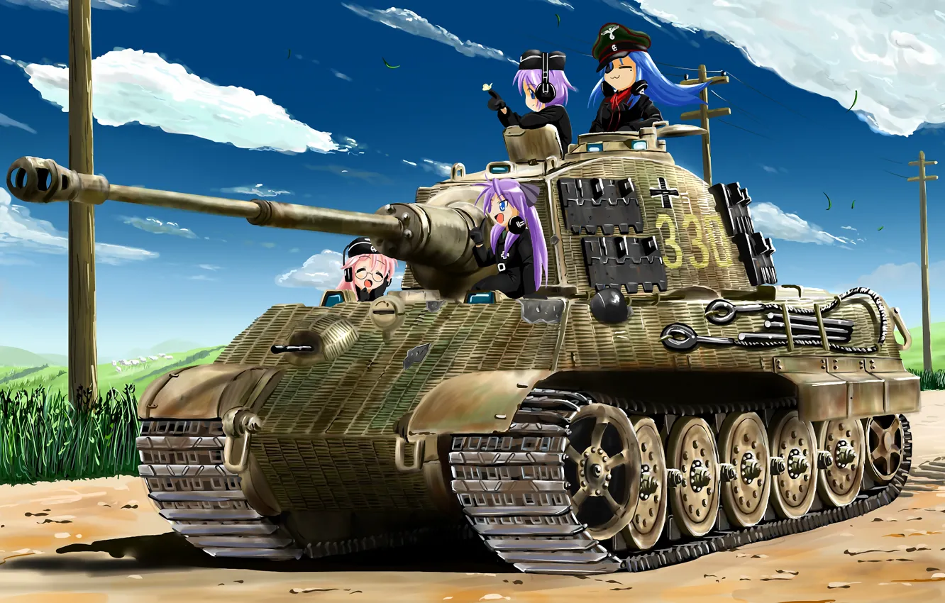 Фото обои Форма, Девочки, Техника, Panzerkampfwagen VI Ausf. B «Tiger II», Lucky Star