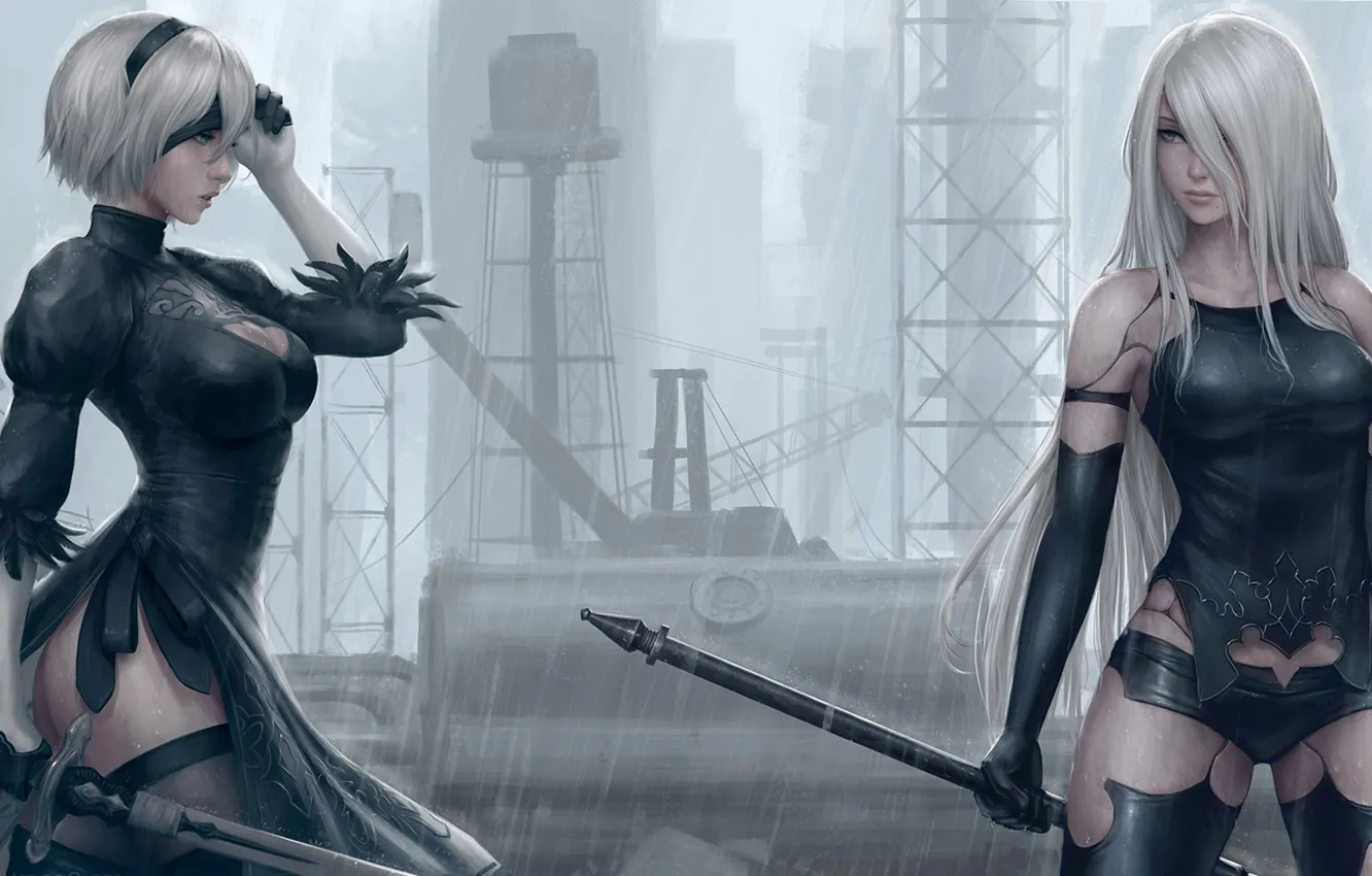 Фото обои sword, game, ass, robot, rain, long hair, mecha, weapon