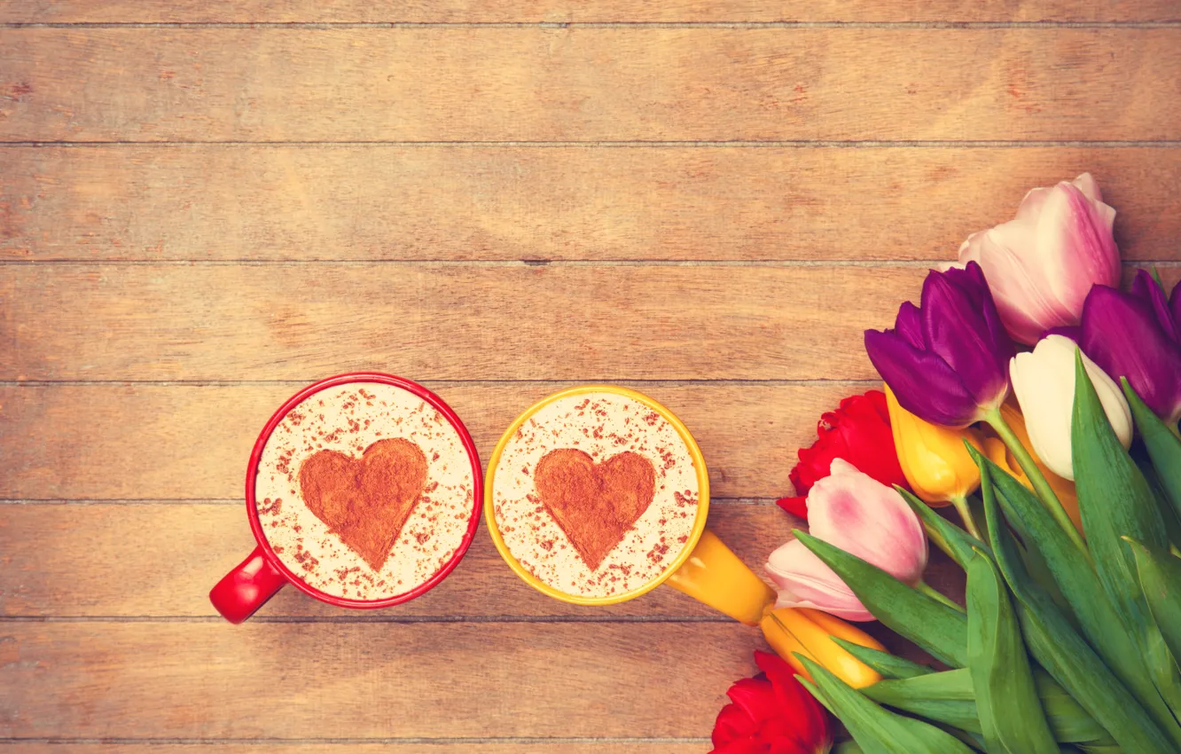 Фото обои цветы, сердце, colorful, тюльпаны, heart, wood, cup, romantic