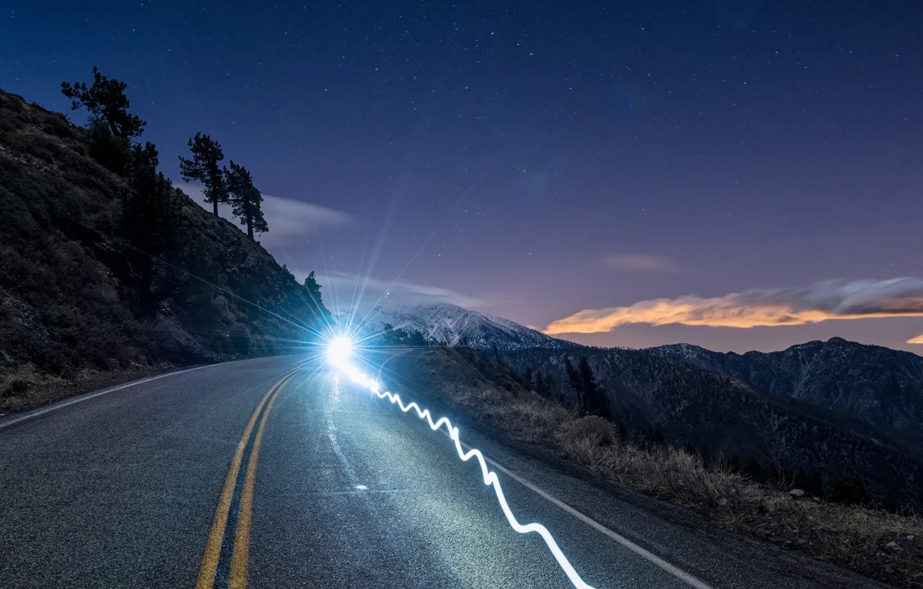 Фото обои дорога, небо, свет, горы, Калифорния, California, Angeles National Forest, Национальный заповедник Анджелес