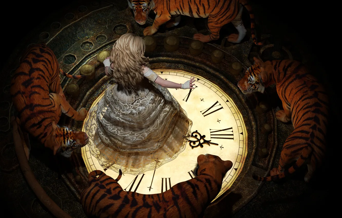 Фото обои кружева, циферблат, заклинание, по кругу, тигры, колдунья, art, в темноте