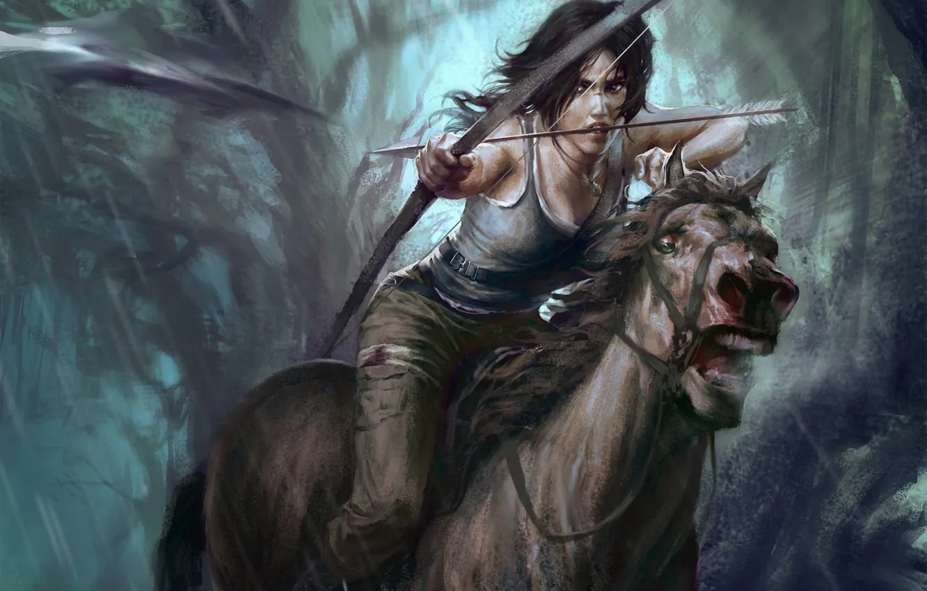 Фото обои девушка, конь, скорость, лук, бег, стрела, lara croft, tomb raider