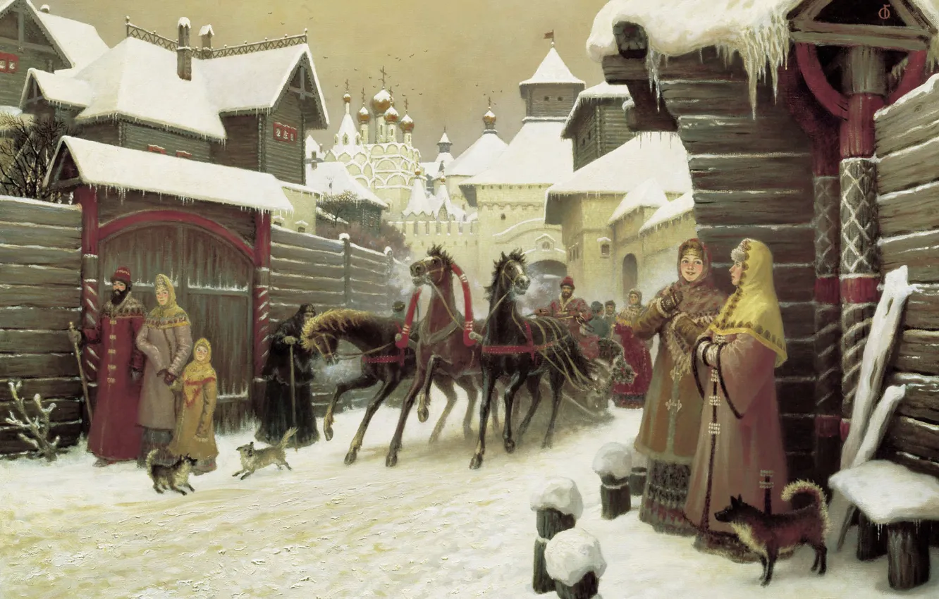 Фото обои лошади, церковь, храм, сани, 2004, дворняги, Городская улица XVII века, русские бабы