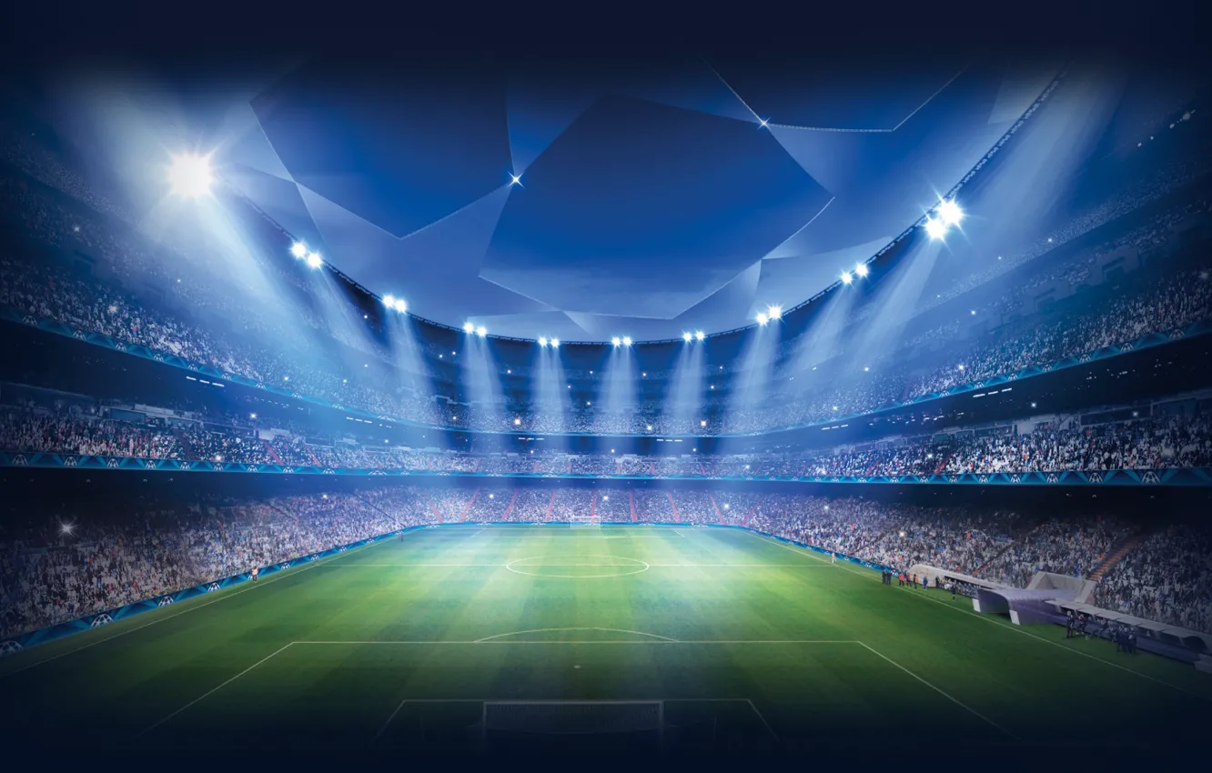 Фото обои трибуны, стадион, UEFA, футбольное поле, свет прожекторов, лига чемпионов УЕФА, Champions League Stadium, спортивное сооружение