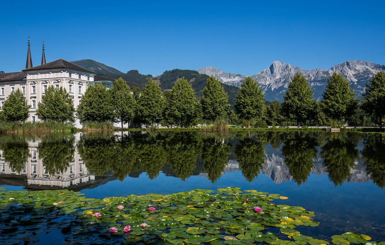 Фото обои деревья, горы, отражение, река, Австрия, Альпы, монастырь, Austria