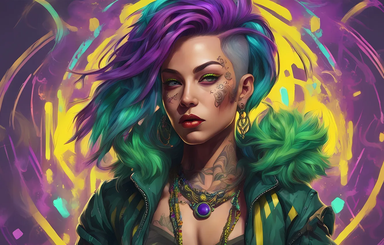 Фото обои девушка, украшения, стиль, панк, прическа, милашка, digital art, цифровое искусство