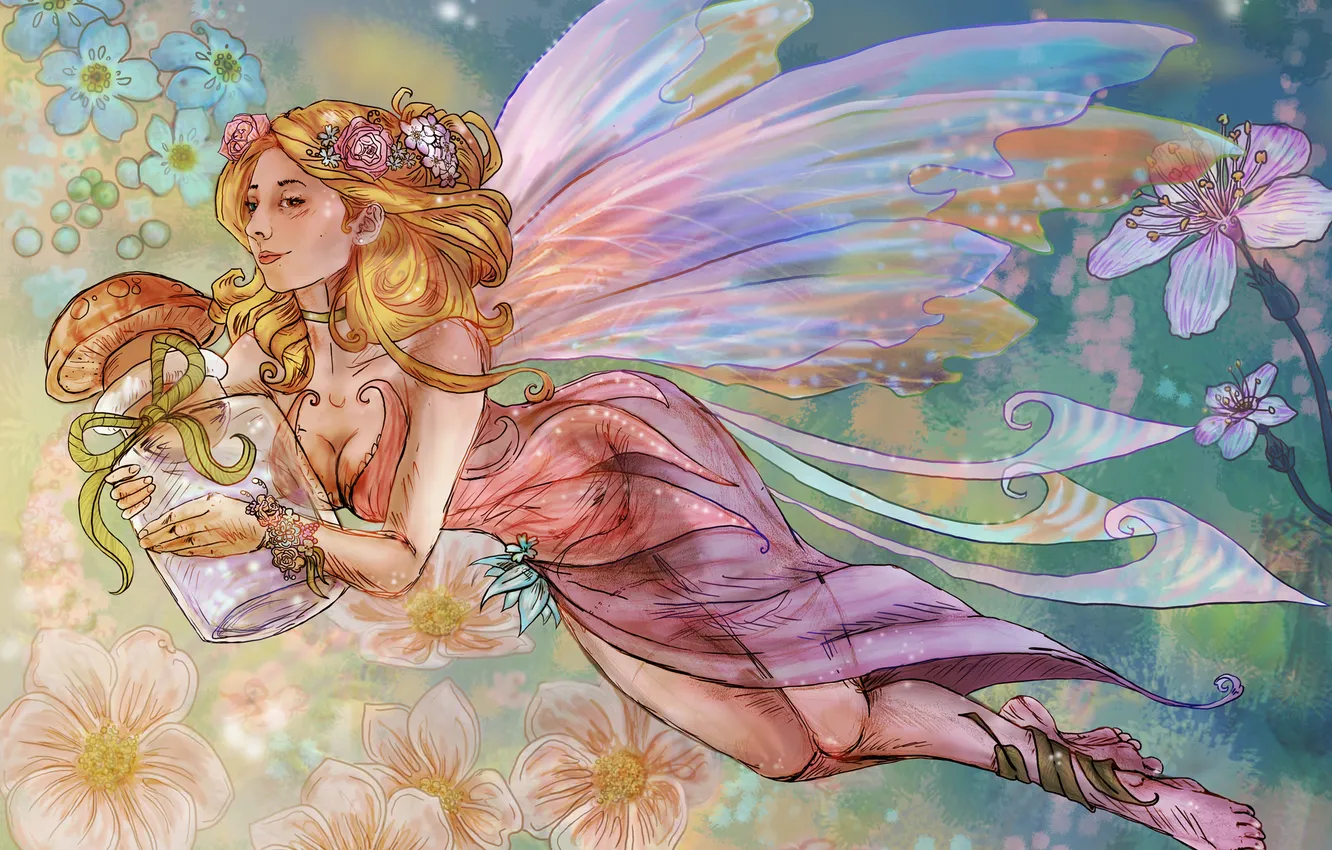Фото обои взгляд, девушка, цветы, лицо, волосы, гриб, крылья, платье