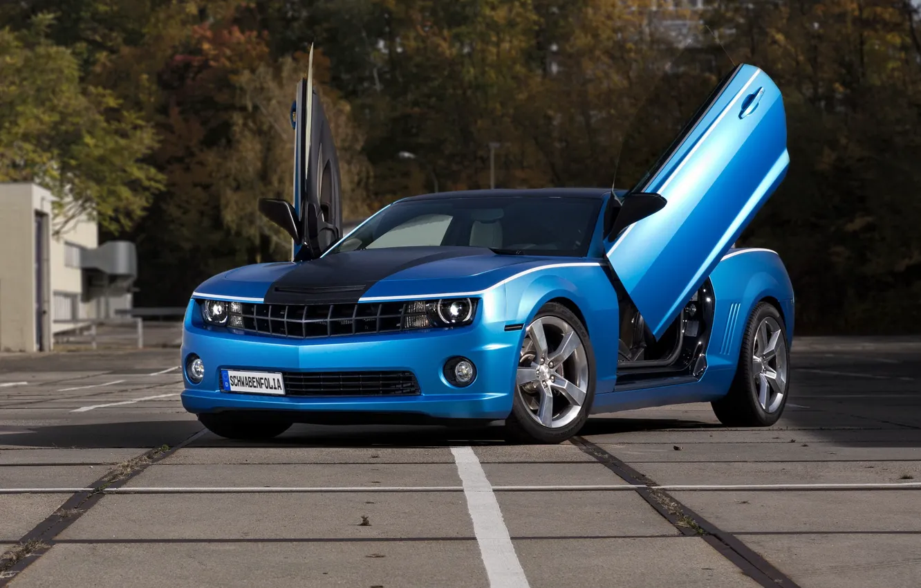 Фото обои тюнинг, Chevrolet, Camaro, шевроле, blue, открытые двери